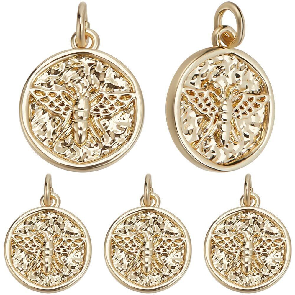 1139 1 Box 10Pcs Honeybee Charms 18K Gold Plated Brass Flat Round with Bees